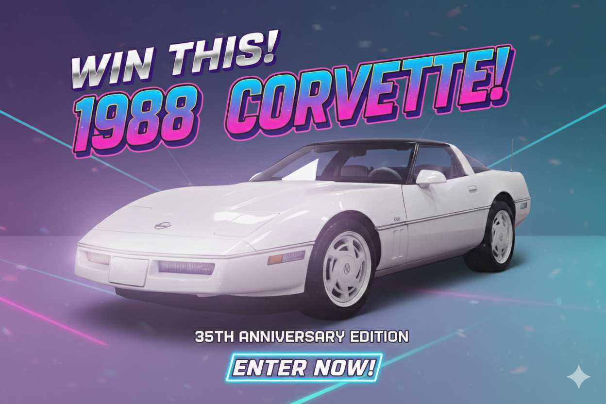 1988 Corvette with promotional text on a colorful background